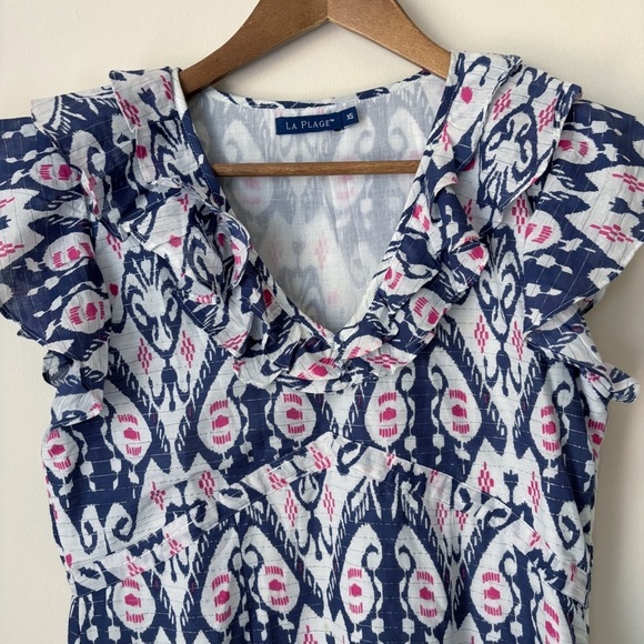 La Plage Sarah Ikat Print Maxi Dress XS Ruffle Navy Fuchsia - Picture 3 of 9